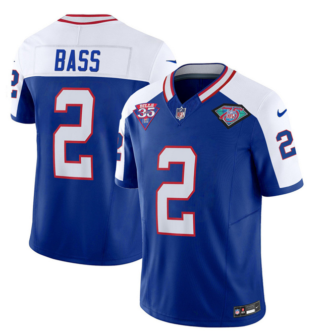 Men's Buffalo Bills #2 Tyler Bass Blue/White 2023 F.U.S.E. 75th Anniversary Throwback Vapor Untouchable Limited Football Stitched Jersey